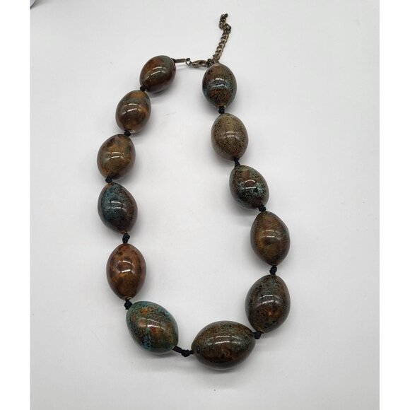 VTG Ceramic Heavy Bead Necklace Brown Turquoise Boho Statement - Picture 2 of 8